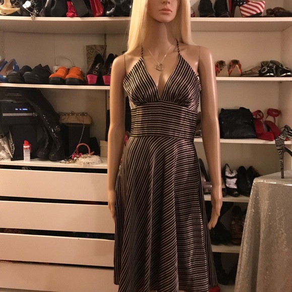 Alyn Paige Brown w/Cream striped satin dress - Picture 3 of 8